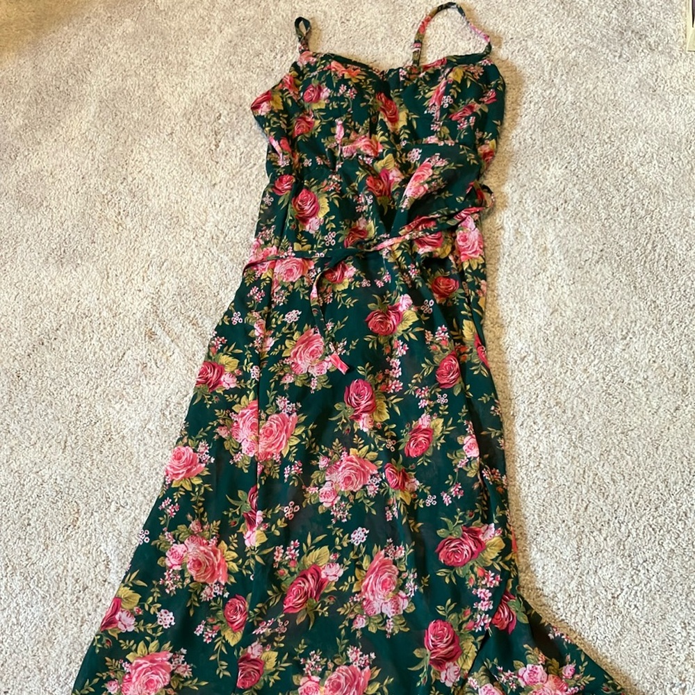 Floral Spaghetti Strap Maxi Dress - Green with Pink Roses